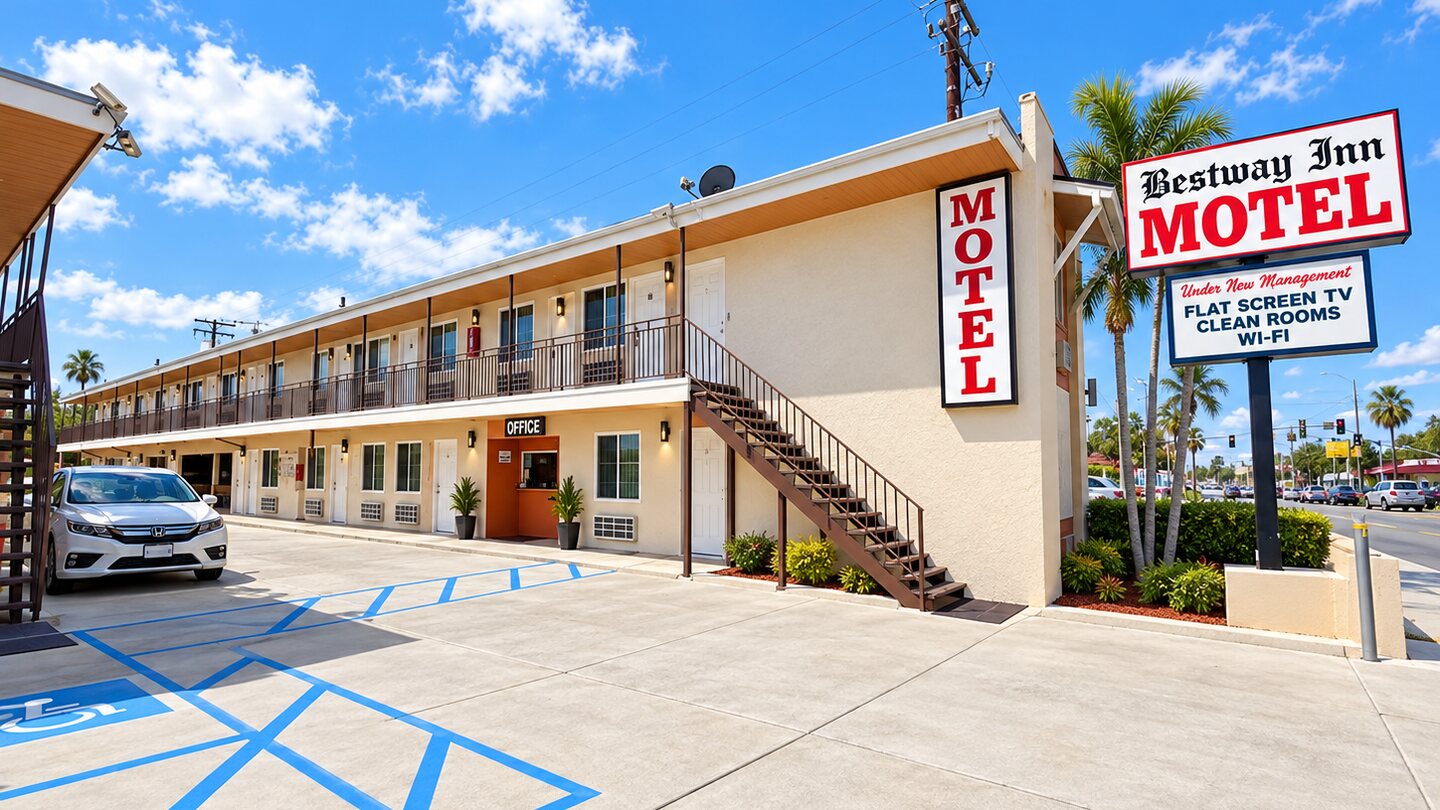 The Best Way Inn from the street in Santa Ana: a two-storey motel with balconied upper rooms, the office entrance at ground level and the Bestway Inn Motel sign out front.